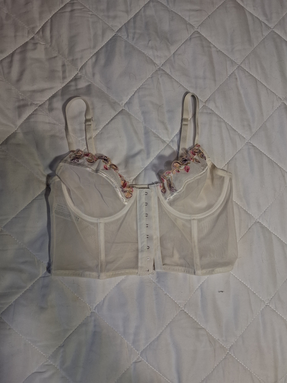 Sheer Embroidered Longline Bustier Bra - Cream